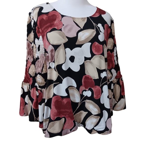 Alfani Top Blouse Stretchy L Floral Romantic Smocked Flare Sleeves Dressy Career - Picture 10 of 12